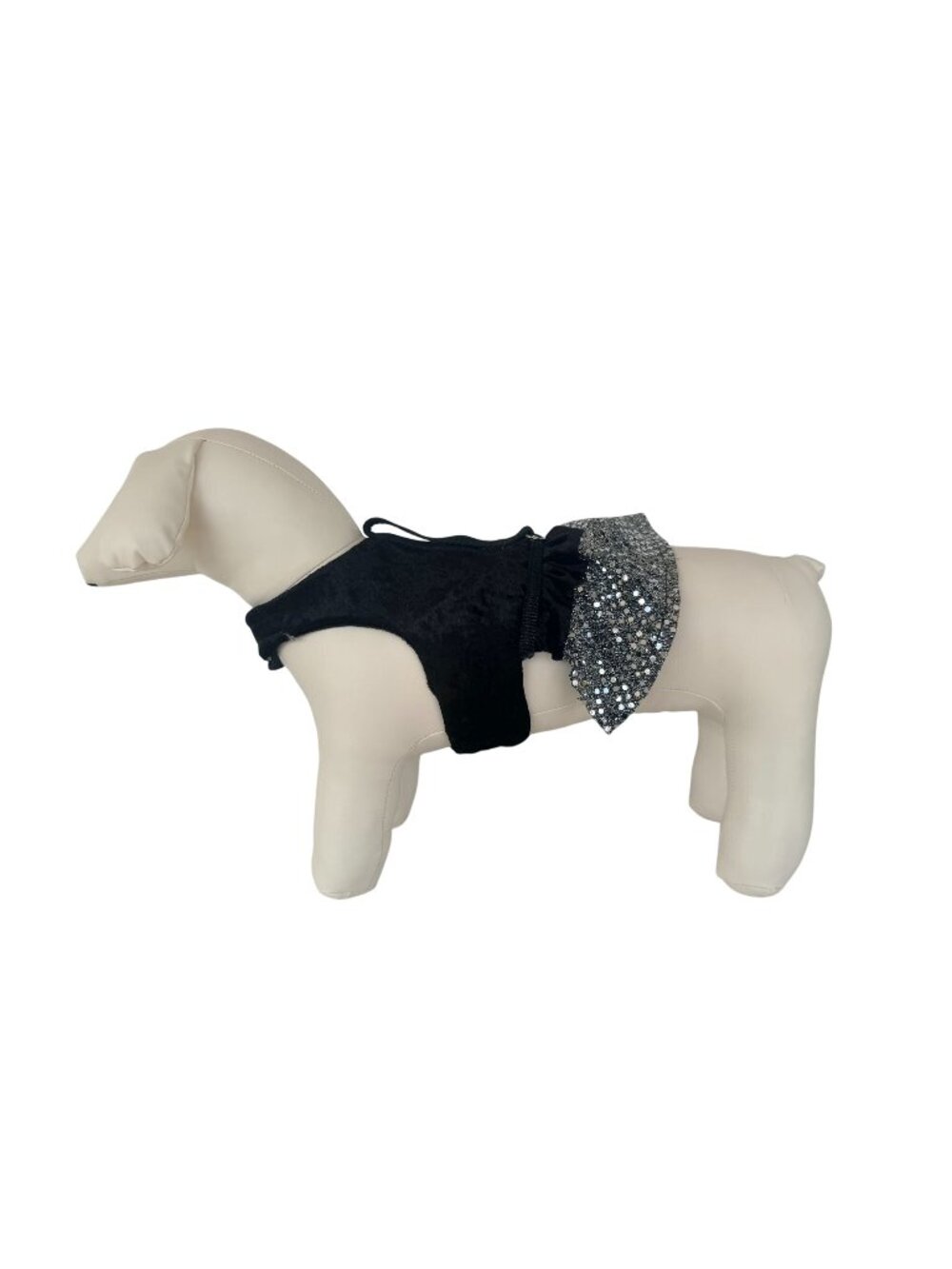 Handmade Small Dog Adjustable Dress Outfit w Harness Black Sparkly Silver Skirt